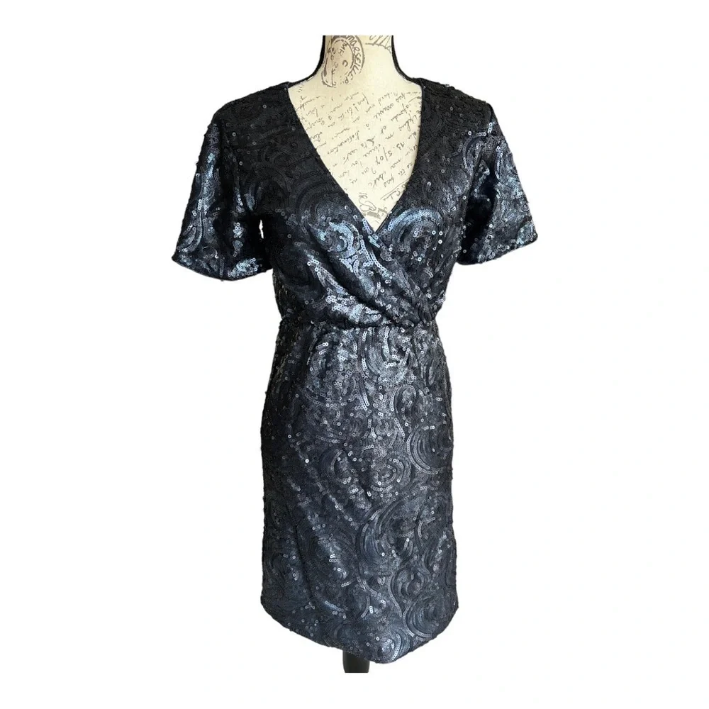 Francesca Women Sequin Dress S Blue Navy Beaded Short Sleeve Party Cocktail - Picture 4 of 12